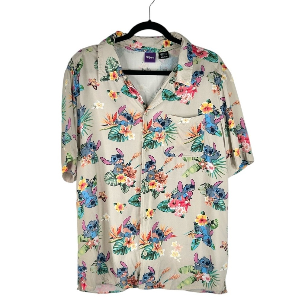 Disney Stitch Cream Hawaiian‎ Tropical Print Short Sleeve Button Down Top Size M